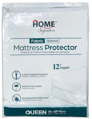 Home Signature - Zippered Waterproof Mattress Protector – 6-Sided Encasement, Bed Bug & Dust Mite Proof, 12” Deep Cover for Full Protection (Queen)