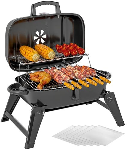 Outsunny Charcoal Barbecue Grill Folding BBQ Grill with 1232 cm² Cooking Area, Adjustable Vent, Thermometer, Handles for Camping Picnic, Black