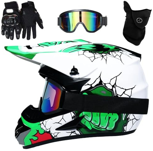 Caschi da Motocross Per Bambini, Per Moto Fuoristrada, Mountain Bike, Bici Elettrica, BMX ATV con Guanti, Occhiali, Maschera, Set da 4 Pezzi(Style 1,M(54-55cm))