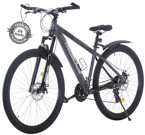 TRIOBLADE 24/26/27.5/29 Inch Mountain Bike 21 Speeds Bike 17.5 Inch Lightweight Aluminium Frame Bicycle for Adult Men Women, Lockout Suspension Fork, Dual Disc Brake (24inch, Grey)