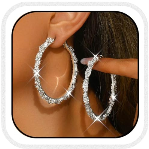 Atigy Creolen mit Strasssteinen silberfarben für Hochzeiten große Creolen Schmuck für Damen (Silber)