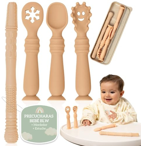 Bornealand Precucharas Bebe BLW Con Ventosa En La Base + Mordedor + Estuche, Incluye Cuchara Silicona Bebé, Cuchara Bebe Aprendizaje, Cubiertos Infantiles, Colheres Bebe (Crema)
