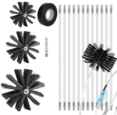 SHUTEX 17PCS Kaminbürste Stange Set, 3 Größen von Schornsteinfeger Bürste (200mm, 150mm, 100mm), Ofenrohrbürste Nylon mit 12 Flexible Stangen 410mm, Kaminbesen für Kamin, Rohre, Trockner
