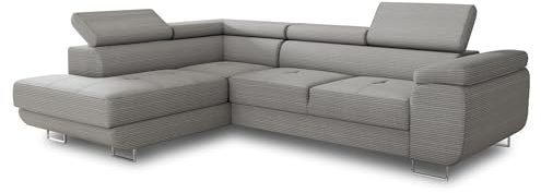 Sofnet Ecksofa Caris mit Schlaffunktion und einstellbare Kopfstützen, Cord Stoff, Wohnlandschaft mit Bettkasten, Couch, Sofa, Bettsofa (Grau (Poso 110), Ecksofa Links)