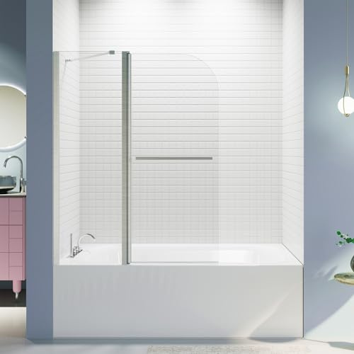 Fibetter Folded-Fixed Tub Shower Door 43 W x 58 H, Folding Bathtub Shower Doors with 1/4 (6mm) Thick Tempered Glass, Frameless Tub Glass Screen Reversible Installation, Brushed Nickel