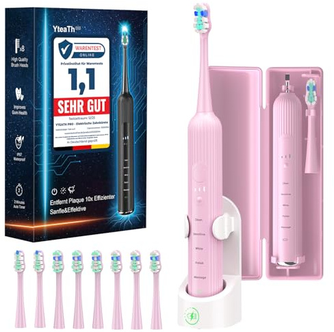 Cepillo de dientes eléctrico sónico para adultos y niños, 5 modos de cepillado con 3 niveles de intensidad, temporizador, 8 cabezales de repuesto y estuche de viaje, recargable Sonic Toothbrush