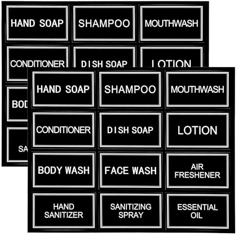 36 Pcs Waterproof Soap Labels For Plastic/Glass Bottles Self-Adhesive Minimalist Stickers For Bathroom Hand Soap Dispenser, Removable Cleaning Bottle Labels For Soap Lotion Shampoo Conditioner Black