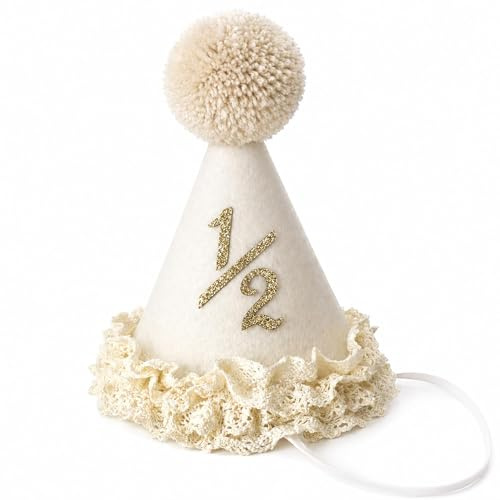 Corona Cumpleaños Bebé 1/2 en Fieltro Beige con Pompón, Volante de Encaje y Elástico Suave, Gorro para Bebé de 6 Meses, Decoración Cumpleaños, Accesorio Neutro para Fotos y Recuerdo Familiar