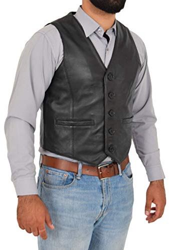 A1 FASHION GOODS Mens Full Leather Waistcoat Black Gilet Traditional Smart Vest King (X-Large)