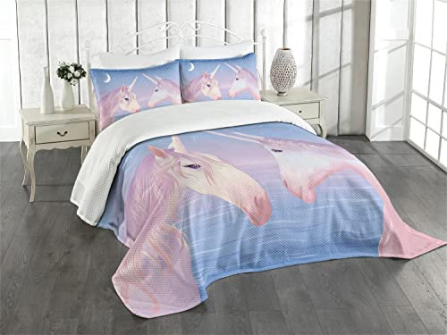 ABAKUHAUS Pferd Tagesdecke Set, 2 Achal Tekkiner Unicorns, Set mit Kissenbezügen Waschbar, für Einselbetten 170 x 220 cm, Schamesröte Lila