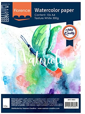 Vaessen Creative Florence Aquarellpapier A4, Weiß, 300 g/m² Strukturiertes Papier, 10 Blatt für Aquarellmalerei, Handlettering und Brush Lettering