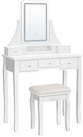 VASAGLE Schminktisch mit LED-Beleuchtung in 3 Farben, Frisiertisch mit 360° drehbarem Spiegel, Kosmetiktisch mit gepolstertem Hocker, 5 Schubladen, abnehmbarem Make-up-Organizer, weiß RDT25WL