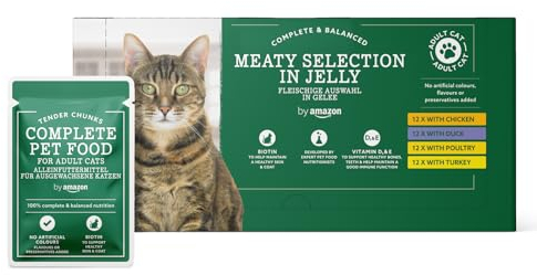 by Amazon Getreidefreies Alleinfutter für ausgewachsene Katzen, Fleischauswahl in Gelee, 4,8 kg (48 Packungen à 100 g)