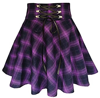 TONCHENGSD Women's Gothic Punk Plaid Pleated High Waisted Short A-line Flare Mini Skirt (Purple Plaid, XS)