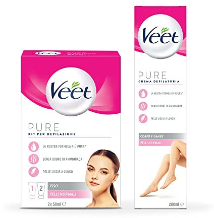 Veet Crema Depilatoria Corpo e Gambe Pelli Normali, 200ml + Depilazione Viso, Crema e Post Epilazione, 2x 50 ml
