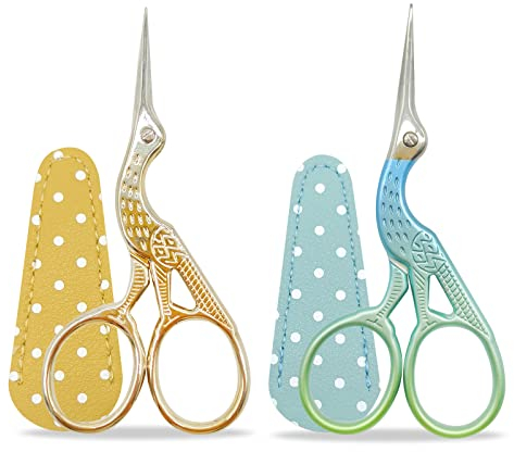 Stickschere 2er Set, Kleine Storchenschere Edelstahlschere für Bastelarbeiten Nähen mit Scherenüberzug aus Kunstleder