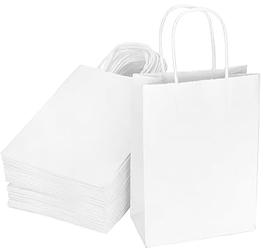 QWORK® 60 Stück Weiße Geschenktüten aus Papier mit Griffen, kraftpapier tüten, 15 x 8 x 21 cm, für Partys, Verpackungen, Einkaufstasche, Einkaufstüten
