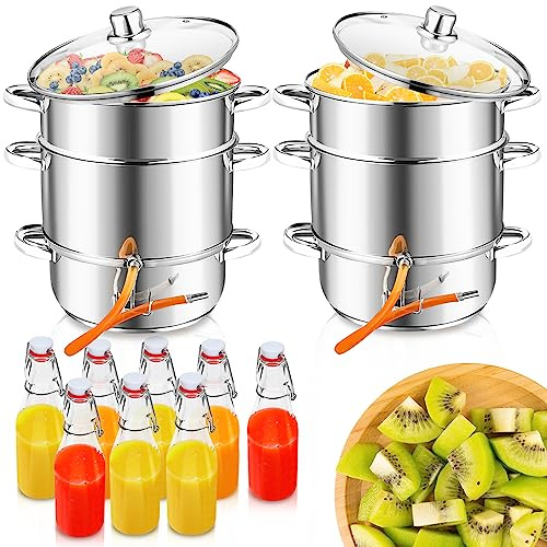 Ikodm 2 exprimidores de vapor de 16 L, 26 cm de diámetro, acero inoxidable, para todo tipo de cocinas, extracción de zumo de fruta natural y azúcar de fruta, con 4 botellas de planchado