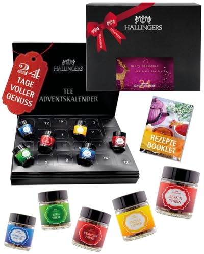 Hallingers Genuss Manufaktur Tee Adventskalender – 24 Premium Teesorten im Glas, Kräutertee Früchtetee Schwarztee Grüntee, Tee Geschenk für Frauen Männer Teeliebhaber, Weihnachtskalender 2025