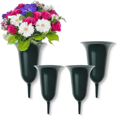 matches21 HOME & HOBBY Grabvasen zum Stecken als frostsichere Grabdeko - Grüne Friedhofs-Vasen 4er in 25, 30 cm als wetterfester Kunststoff Grabschmuck - Erdspieß Blumenvasen als schöne Steckvasen
