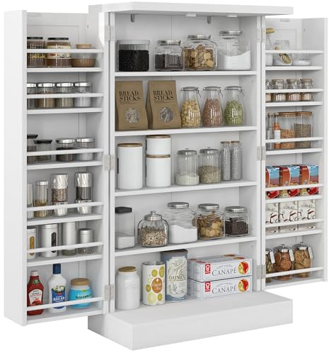 HOMCOM Credenza Cucina 104 cm, Mobile Dispensa con 2 Ante, Ripiani Regolabili, 12 Portaspezie, 5 Ripiani, Mobile Cucina Moderno per Sala da Pranzo Soggiorno, Bianco
