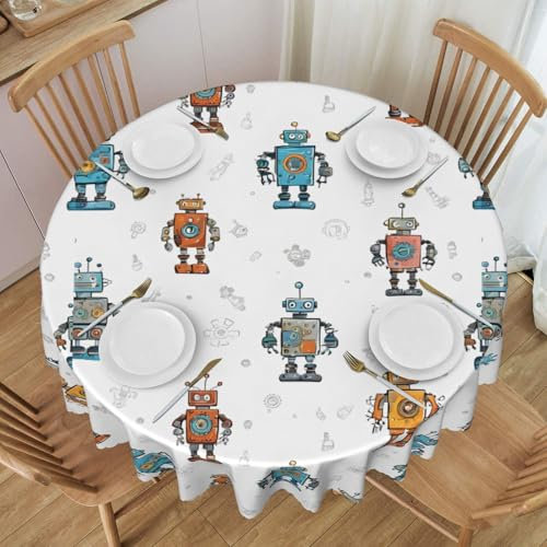 Gjgdbxdw Cute Cartoon Robots Round Tablecloth 60 Inch, Waterproof Washable Polyester Table Cloth Decorative Fabric Table Cover for Dining Table, Buffet Parties and Camping