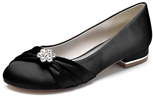 DSKHDZW Women's Mary Jane Shoes Satin Slip-On Wedding Dress Flats Round Toe Low Heel Bridal Ballerina Pumps,Black,7 UK
