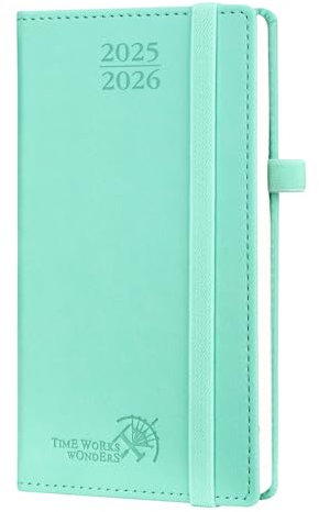 POPRUN Taschenkalender 2025 2026 Klein 16,5 x 9 cm (Aug.2025-Dez.2026) - Kalender 2025 2026 Klein mit PU-Leder - Terminplaner, Planer 1 Woche 2 Seite mit Stiftschlaufe - Mintgrün