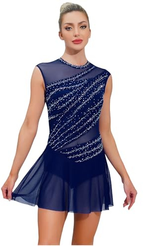 TiaoBug Robe Danse Classique Femme Strass Robe Lyrique Contemporaine Tenue Danse Latine Patinage Artistique Justaucorps Gymnastique Dancewear S-XXL Bleu Marine S