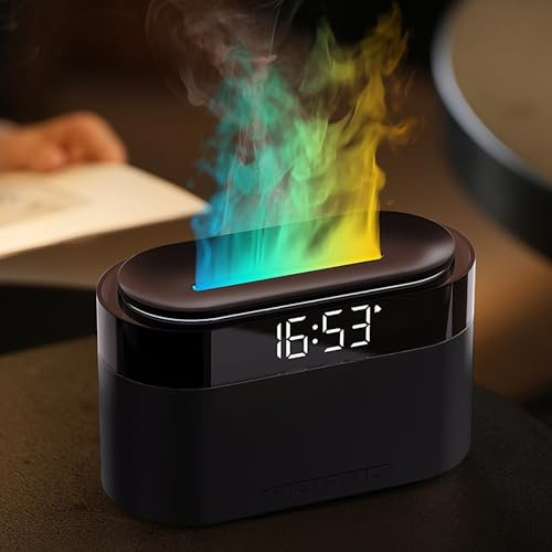 Holwim Difusor de aroma con llamas y reloj digital, difusor de aceite de fragancia con efecto de luz de 7 colores, humidificador de 150 ml con control remoto, función de reloj, temporizador, apagado