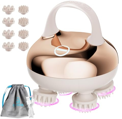 COMFIER Masseur de tête Sans Fil Électrique, 3 Modes de Pétrissage, IPX7 Étanche, 8 Griffes de Soin pour Massage Tete Intense, Apaisement du Cuir Chevelu et Détente Corporelle (Doré)