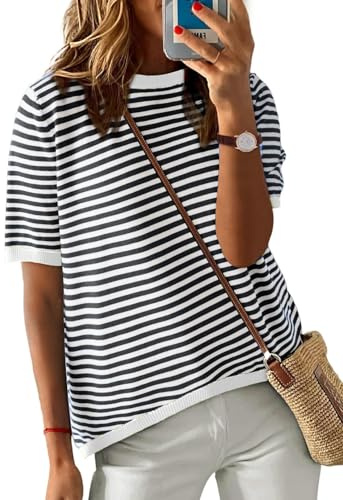 UMIPUBO Camisetas Manga Corta Verano Mujer Cuello Redondo de Rayas Choque De Colores T Shirt Elegantes Moda Casual Tops Cómoda Loose Blusas tee