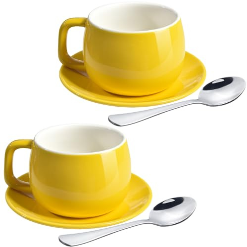 ionEgg Set di 2 tazze da caffè in porcellana con piattini e cucchiaini 270 ml/9oz per latte, cappuccino e tè, colore: giallo