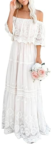 HOYISHION Women's Boho Lace Maxi Formal Dress Long Sleeve Wedding Guest Evening Party Long Dresses