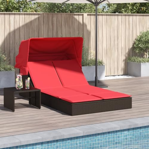 mtlskopl 2-Person Brown PE Rattan Double Chaise Lounge with Retractable Canopy, Adjustable Backrest, 78.7 Seat, 36.6x16.7x17 Outdoor Patio Sun Lounger for Garden Poolside Deck