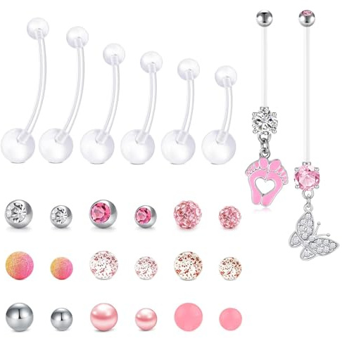 CIZME Piercing de nombril de grossesse 14G UV Bioflex - 8 longueurs (12-38 mm) - Piercing de nombril flexible pour femmes enceintes - Avec 18 boules de rechange - Hypoallergénique