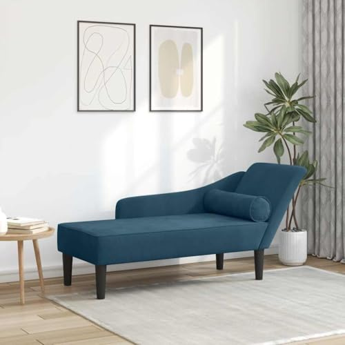 Bendmaxx schäslong med kudde av blå sammet, träram recamiere, ottoman soffa divan relaxstol, 141 x 55,5 x 66,5 cm, för vardagsrum och gästrum