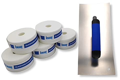 DEWEPRO® Trockenbau Glättekelle konkav inkl. 5x Knauf Glasfaser Fugendeckstreifen je 25m - Glattkelle mit 2 konkaven Seiten - Aufziehglätter aus Edelstahl mit abgerundeter Ecke