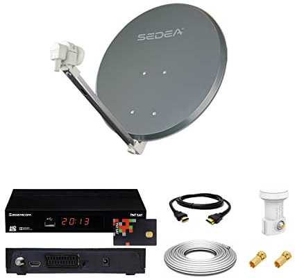 Kit Antenne Parabole Acier 65 cm 36,5 DB Anthracite + LNB Single 0,1 DB Full HD 4K Ultra HD + Décodeur DS81 HD TNTSAT + Câble coaxial 20m + Câble HDMI + 2 Fiches F
