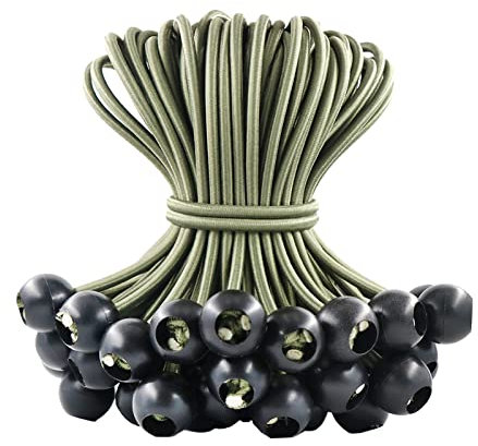 LOOGI Bungee Cord with Balls, 25Pcs 4 Inch Green Bungee Ball Cords, Heavy Duty Tarp Bungees Ties Elastic Tie Down Straps for Tarpaulin Tent Camping Pavilions Flag Marquee