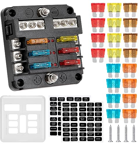 GUNGY Sicherungshalter 12V Kfz Sicherungshalter 6 Fach Sicherungskasten mit 20pcs kfz Sicherungen und LED-Warnanzeige für Auto Boot LKW Van SUV