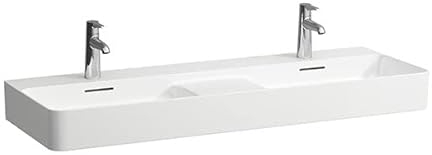 LAUFEN VAL Doppelwaschtisch, 3 Hahnlöcher, ohne Überlauf, 1200x420mm, semi-trockener Bereich mittig, H8142820001581, Farbe: Weiß