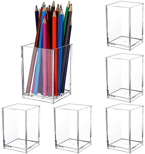 6 Pcs Acrylic Pen Pot - Square Acrylic Pencil Organizer, Transparent Pen Cup, Clear Makeup Brush Holder, Pencil Storage Basket for School, Home, Office Desk Accessory