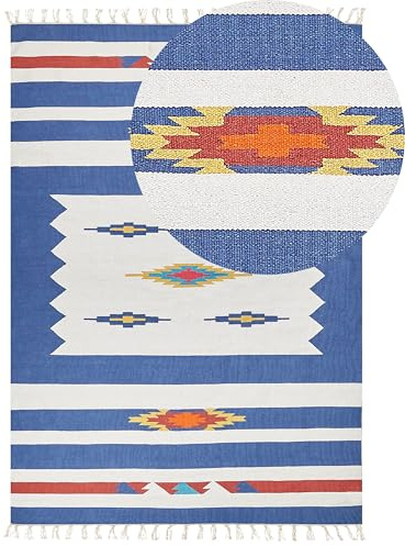 Beliani Tappeto Kilim in cotone tessuto a mano 200 x 300 cm reversibile con motivi geometrici e frange multicolore