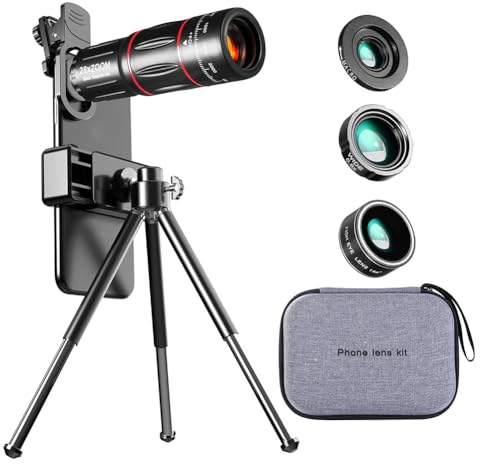 4-in-1 Handy-Kamera-Objektiv-Set für iPhone Android, 28-faches Teleobjektiv, 0,6-faches Weitwinkelobjektiv, 20-faches Makro-Zoom-Objektiv, 198°-Fischaugenobjektiv für iPhone, Samsung, Android und die
