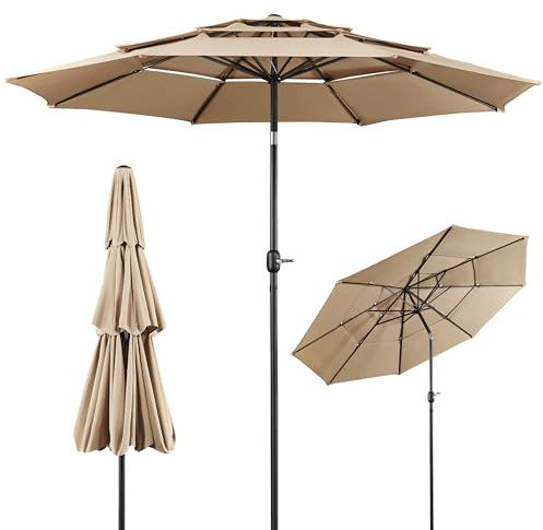 Yaheetech Sombrilla de 3 Niveles 3.24M para Exteriores con Tres Ventilación Sombrilla de Mercado Parasol Playa Inclinable con Manivela 8 Varillas Terraza para Exterior Patio Mercado Caqui