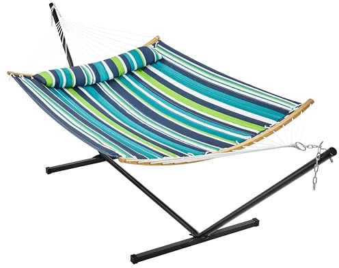 Yaheetech Amaca da Giardino Esterno Imbottita Doppia in Telo Cotone con Supporto in Acciaio Cuscino Campeggio per 2-3 Persone Pieghevole Portatile con Borsa Regolabile Portata 216 kg Strisce Verde