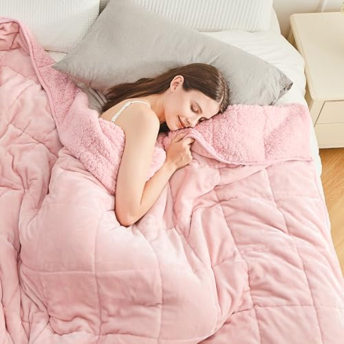 Cottonblue Weighted Blanket 150cm x 200cm 7kg for Queen Ded - Ultra Soft, Cozy Comfort Sherpa Blanket for Relax and Sleep, Heavy Bed Blankets with Cemaric Beads, 60x80 Inches,Pink