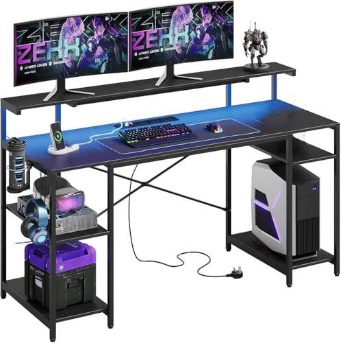 Bestier 140 CM Computer Desk with Power Outlets & LED Lights with Monitor Shelf Gaming Desk with Shelves Writing Desk with Storage Office Desk &Workstation for Home Office Bedroom