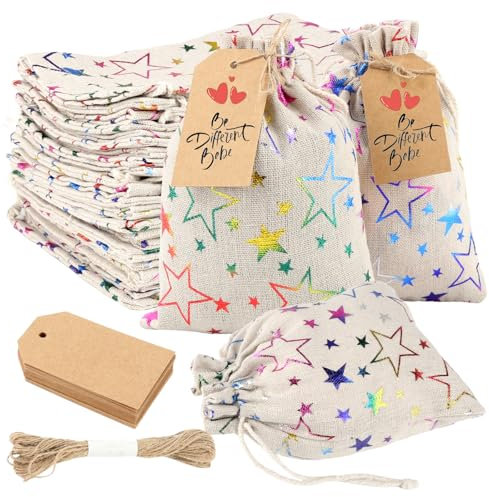 24 Stück Baumwollbeutel mit Kordelzug, 13x18CM Baumwollsäckchen Klein Stoffsäckchen mit Geschenkanhänger, Leinensäckchen zum Befüllen für DIY Adventskalender Basteln Hochzeit Weihnachten